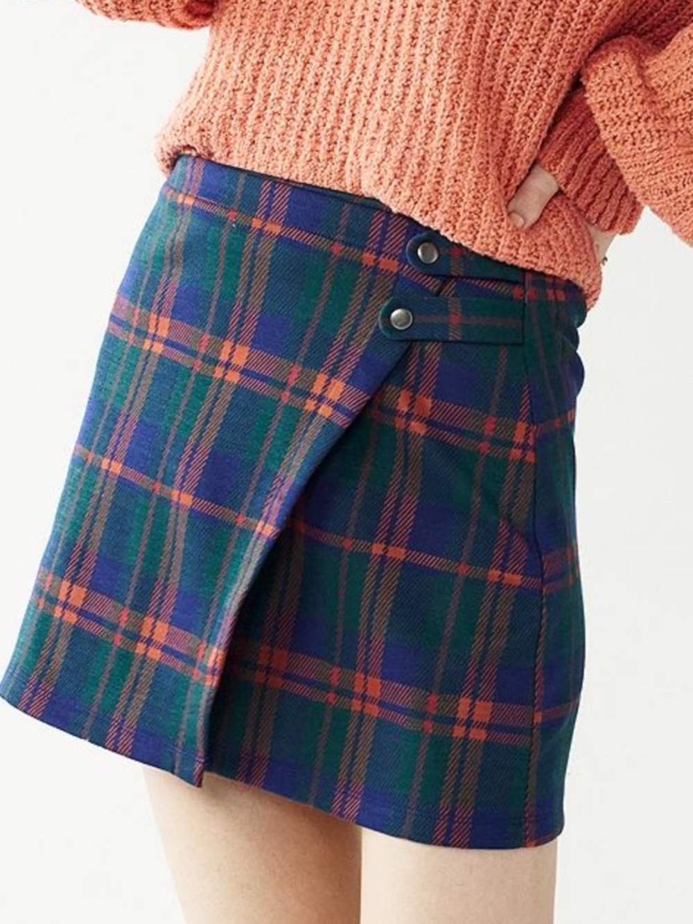 So green navy plaid junior size medium wrap mini skirt hidden elastic waistband